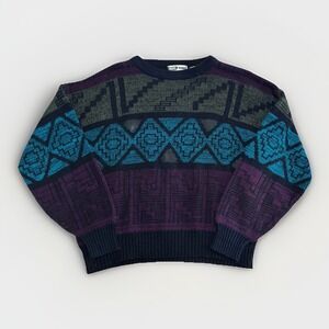 VTG 90s Urban Works Sweater L Geometric Grunge Multicolor‎ Leather Patches Aztec